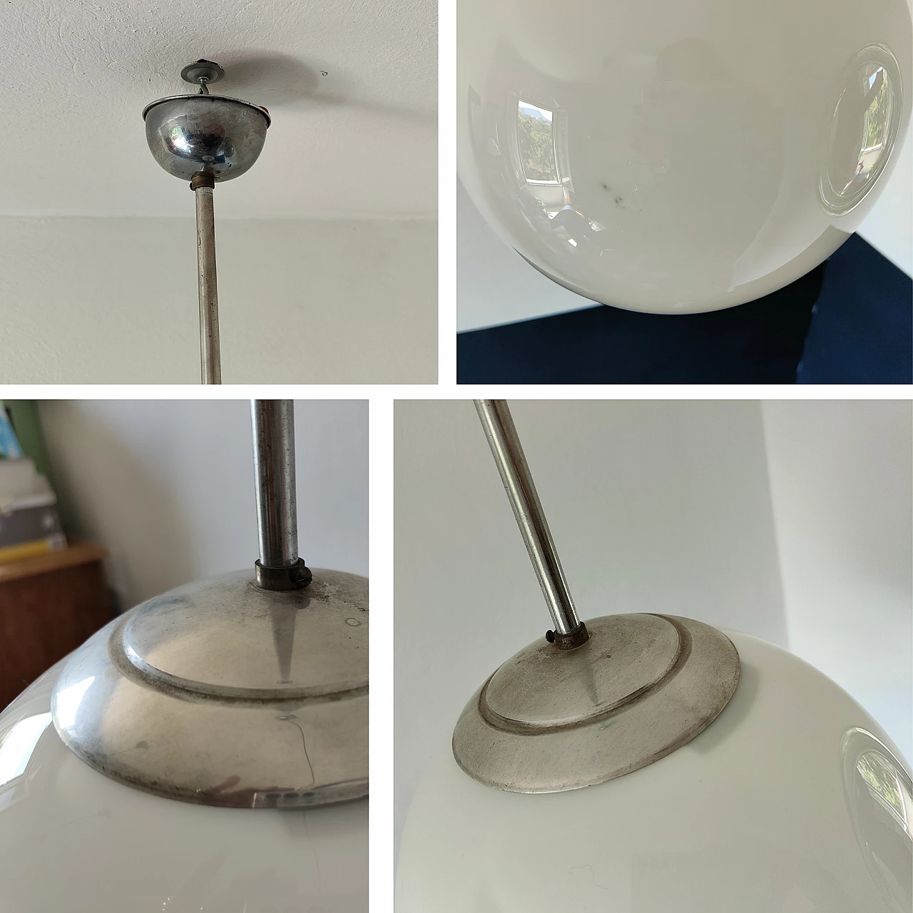 Lampadario Bauhaus in metallo con boccia in vetro opalino, anni '40 9