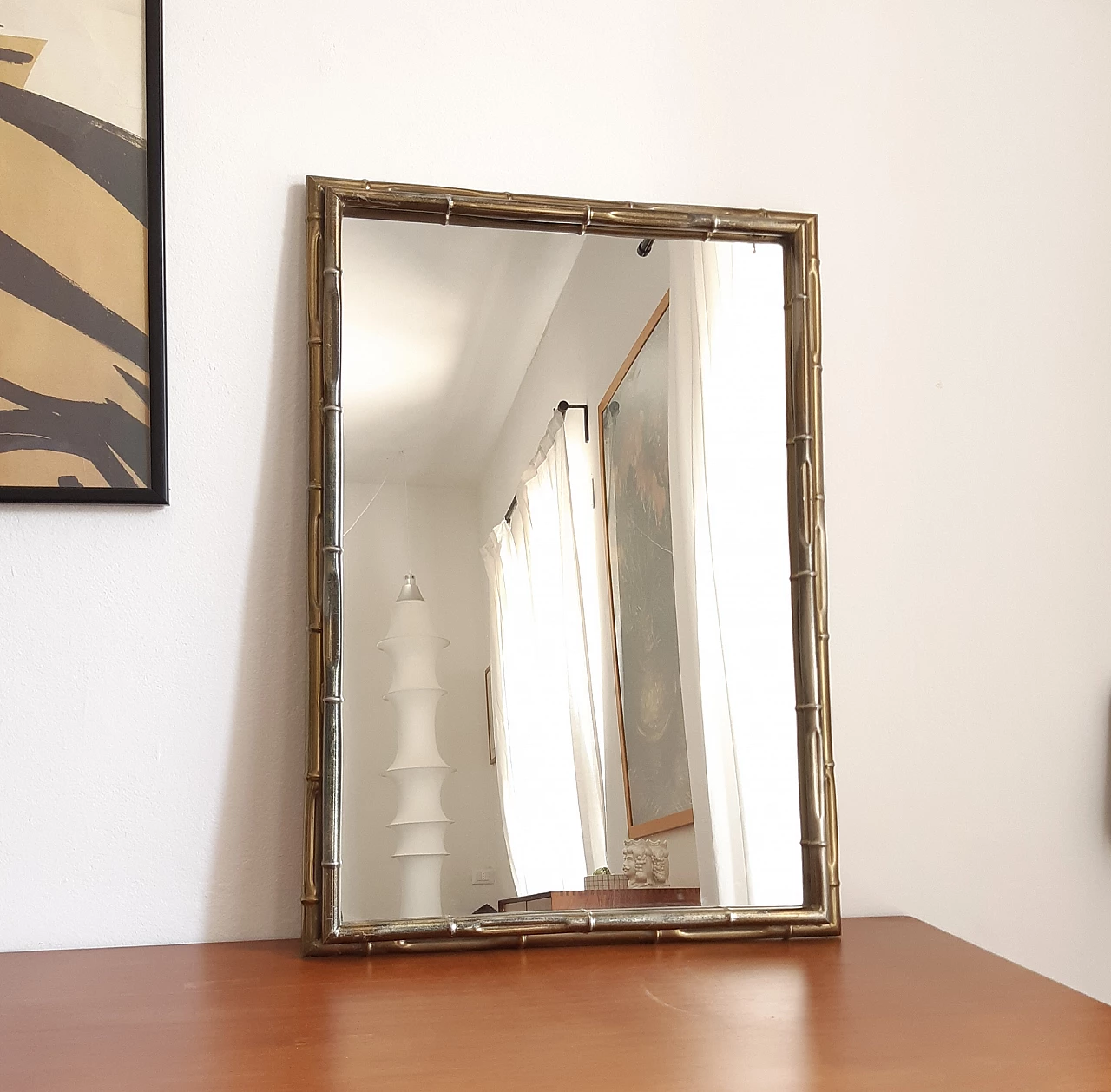 Specchio con cornice in metallo dorato effetto bambù, anni '70 1