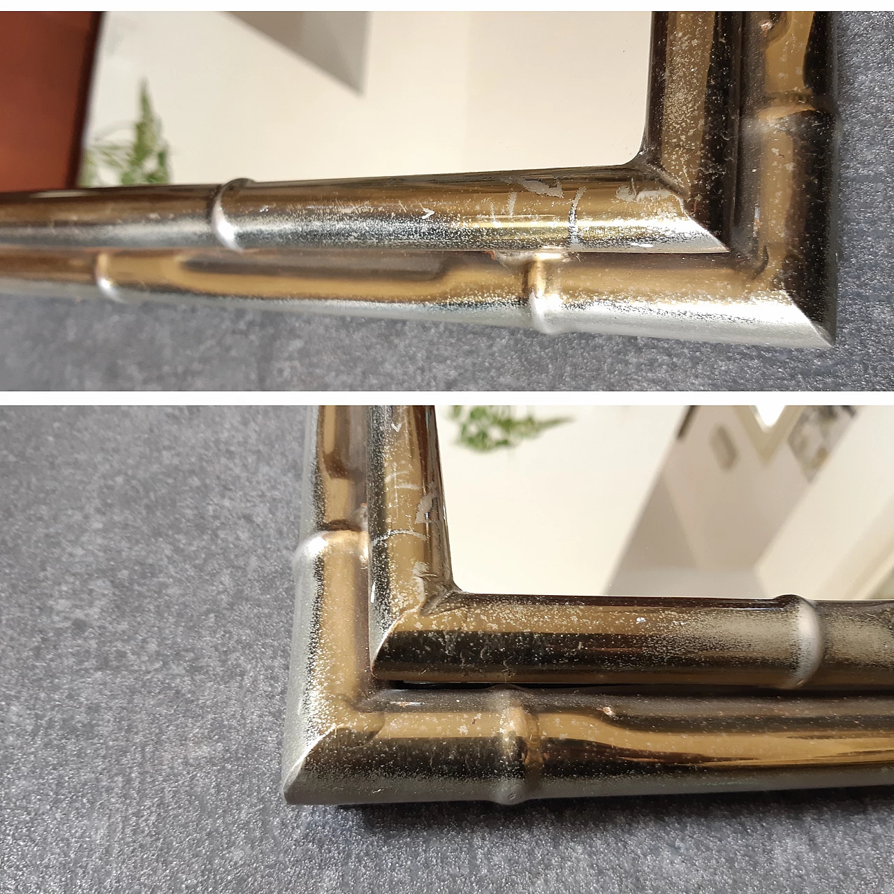 Specchio con cornice in metallo dorato effetto bambù, anni '70 3