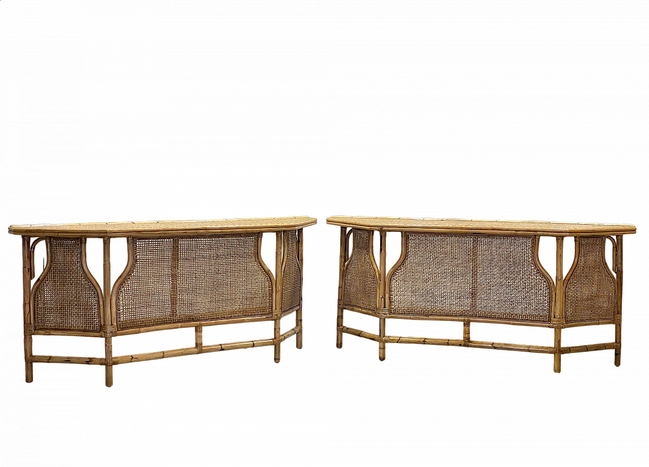 Pair of wicker and bamboo consoles, 1970s 18