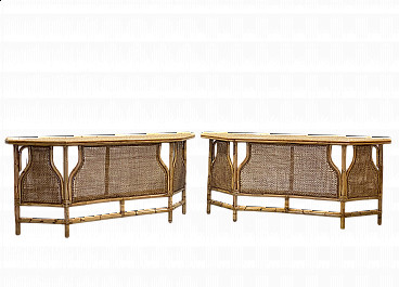 Pair of wicker and bamboo consoles, 1970s