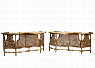 Pair of wicker and bamboo consoles, 1970s