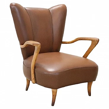 Beech and brown leatherette armchair, 1950s