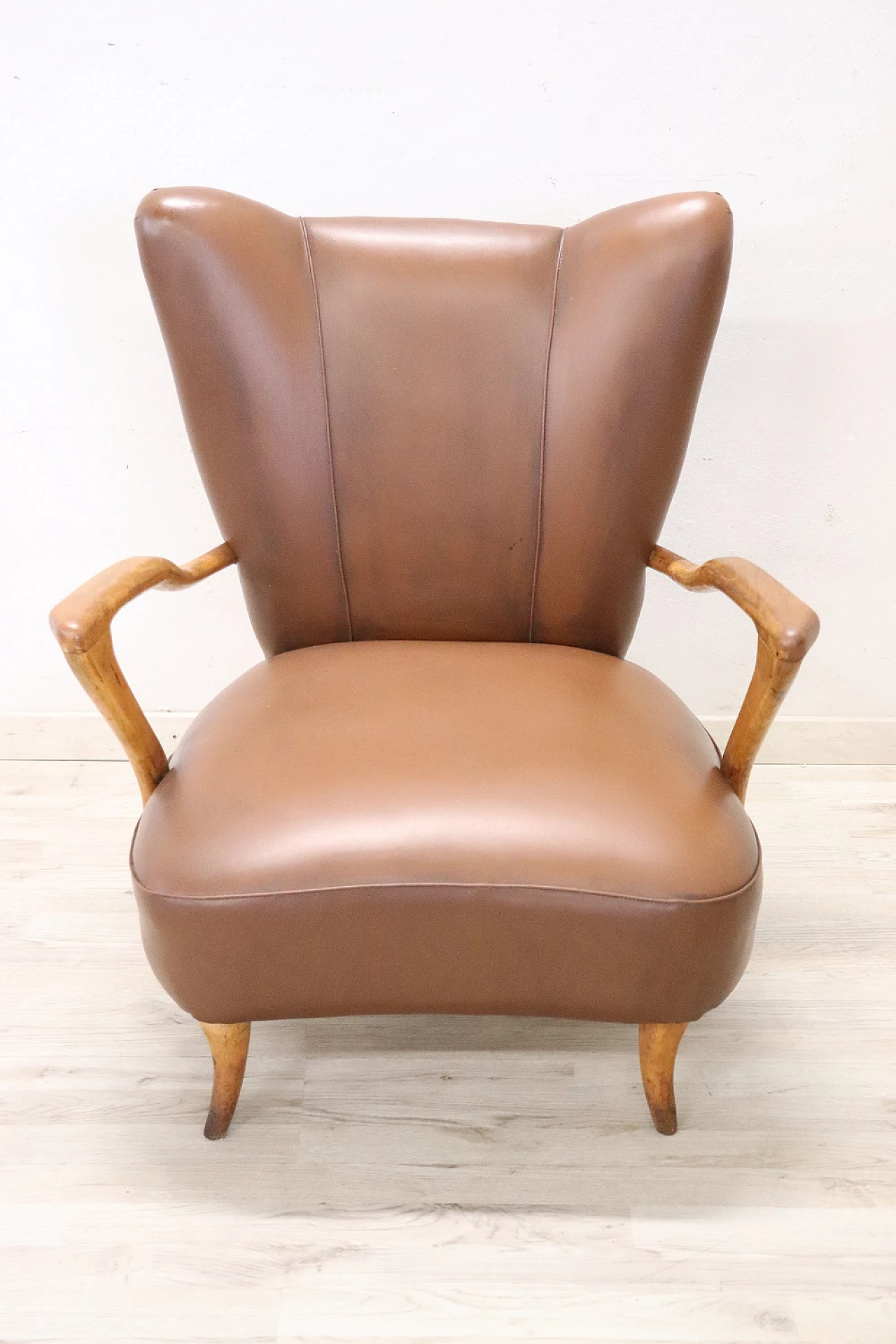 Beech and brown leatherette armchair, 1950s 2