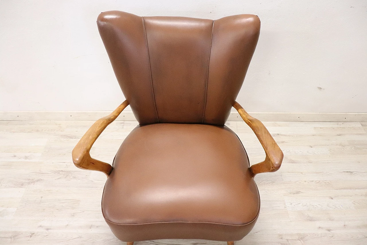 Beech and brown leatherette armchair, 1950s 3