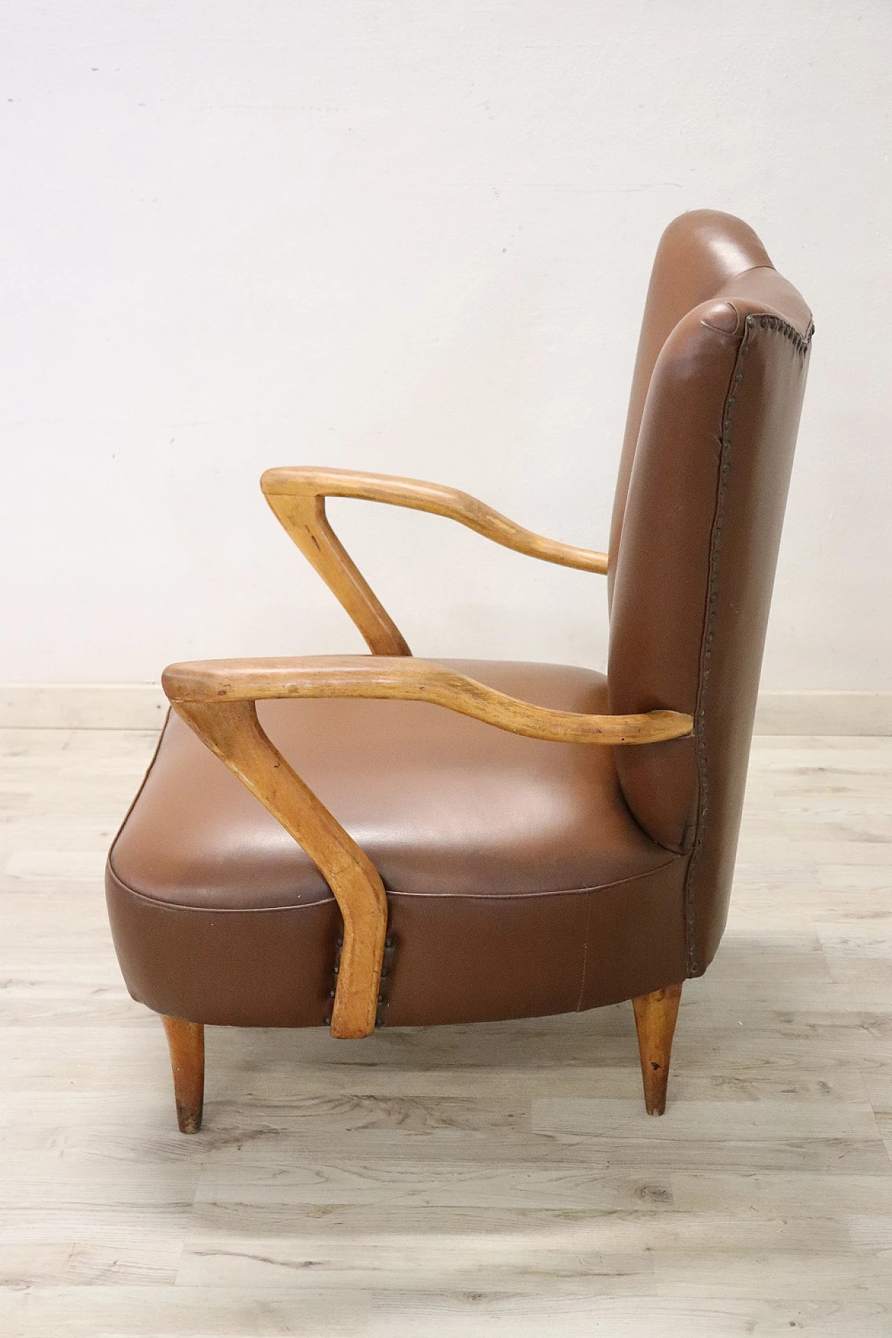 Beech and brown leatherette armchair, 1950s 4