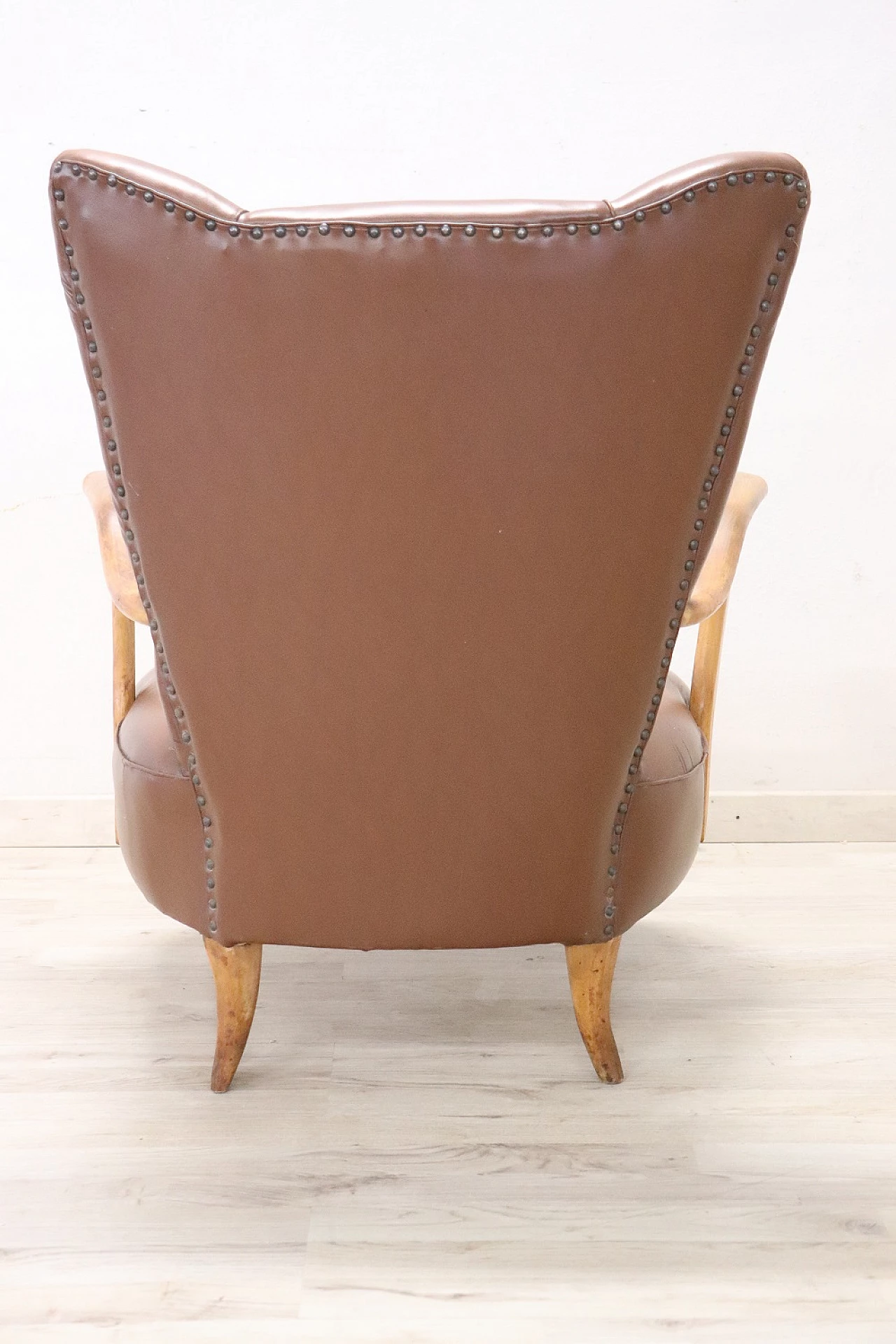 Beech and brown leatherette armchair, 1950s 5