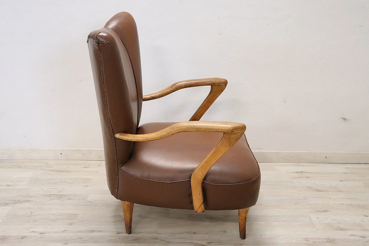 Beech and brown leatherette armchair, 1950s 6