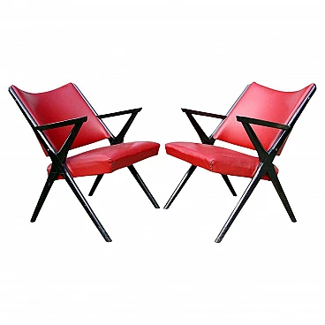 Pair of black lacquered wood and leatherette armchairs by Dal Vera, 1960s