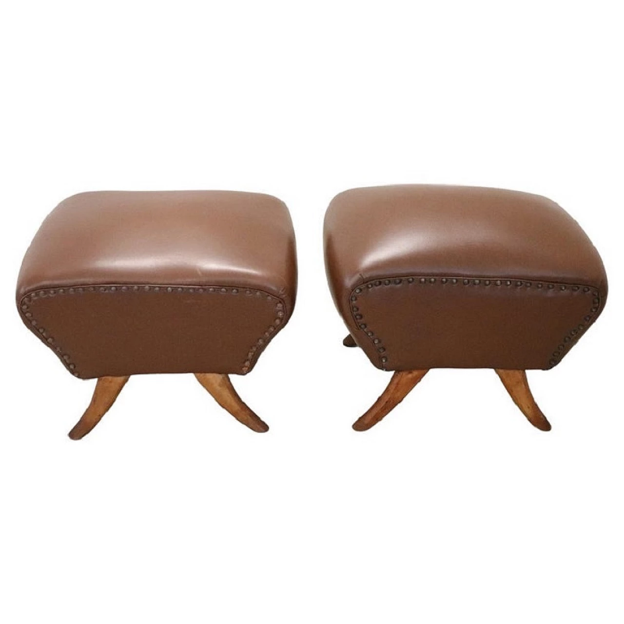 Pair of beech and brown leatherette footstools, 1950s 1