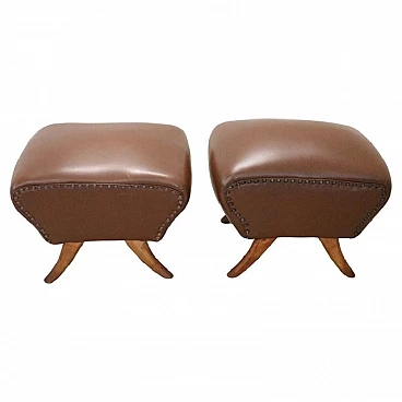 Pair of beech and brown leatherette footstools, 1950s
