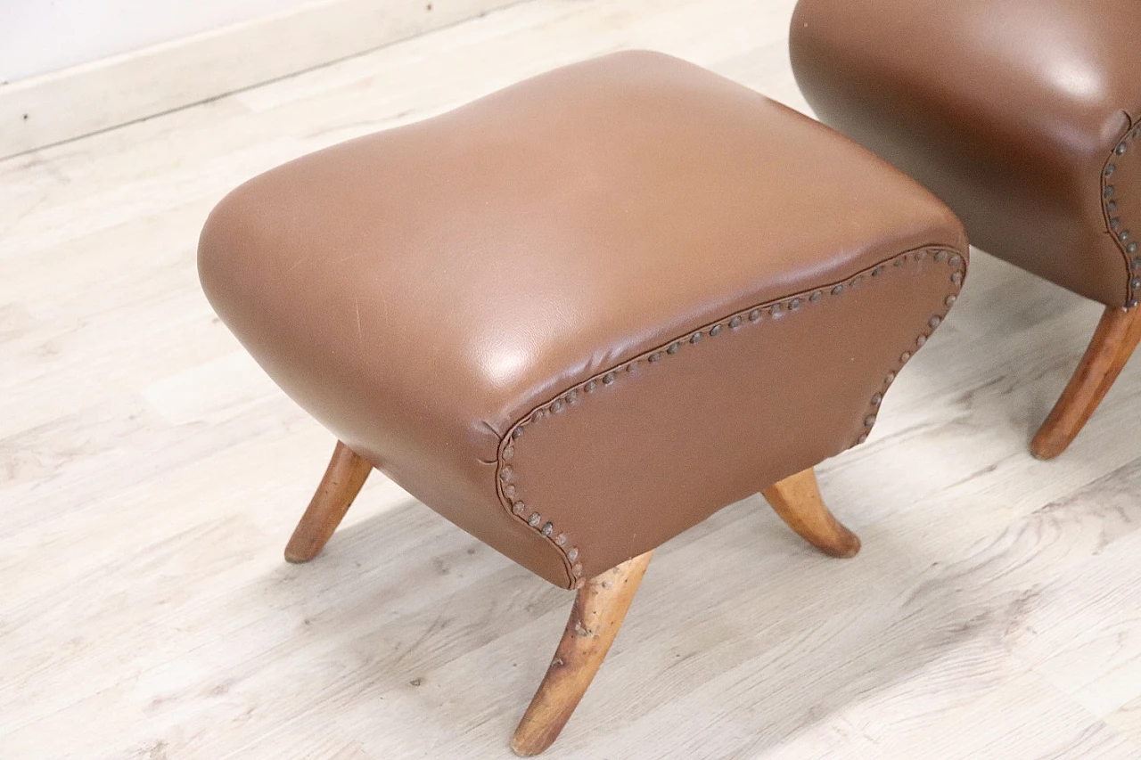 Pair of beech and brown leatherette footstools, 1950s 4
