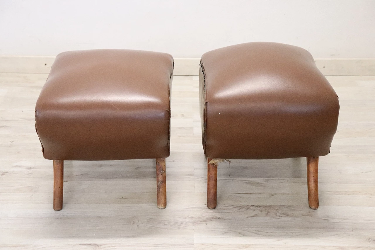 Pair of beech and brown leatherette footstools, 1950s 5