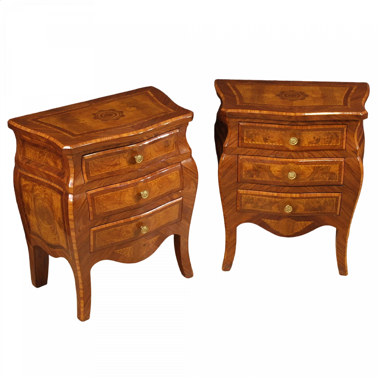 Pair of Louis XV style inlaid wood bedside tables, 1970s 13