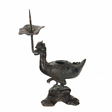 Portacandela cinese in bronzo con anatra, '700