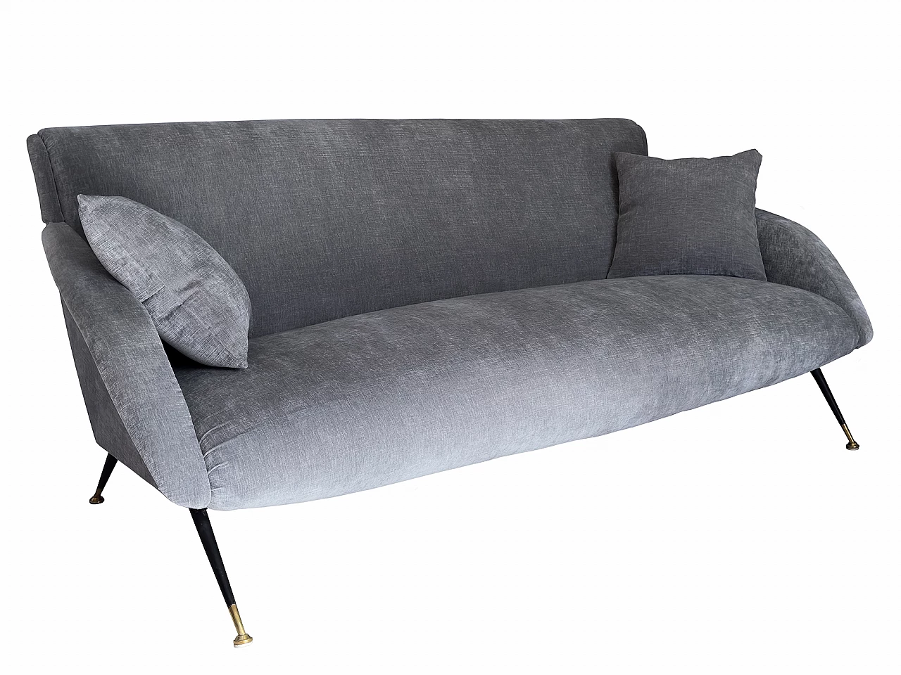 Three-seater gray velvet sofa with cushions, 1950s 1