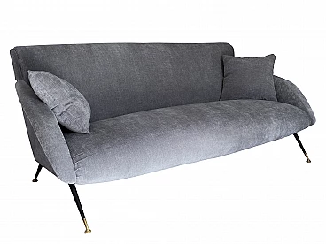Three-seater gray velvet sofa with cushions, 1950s