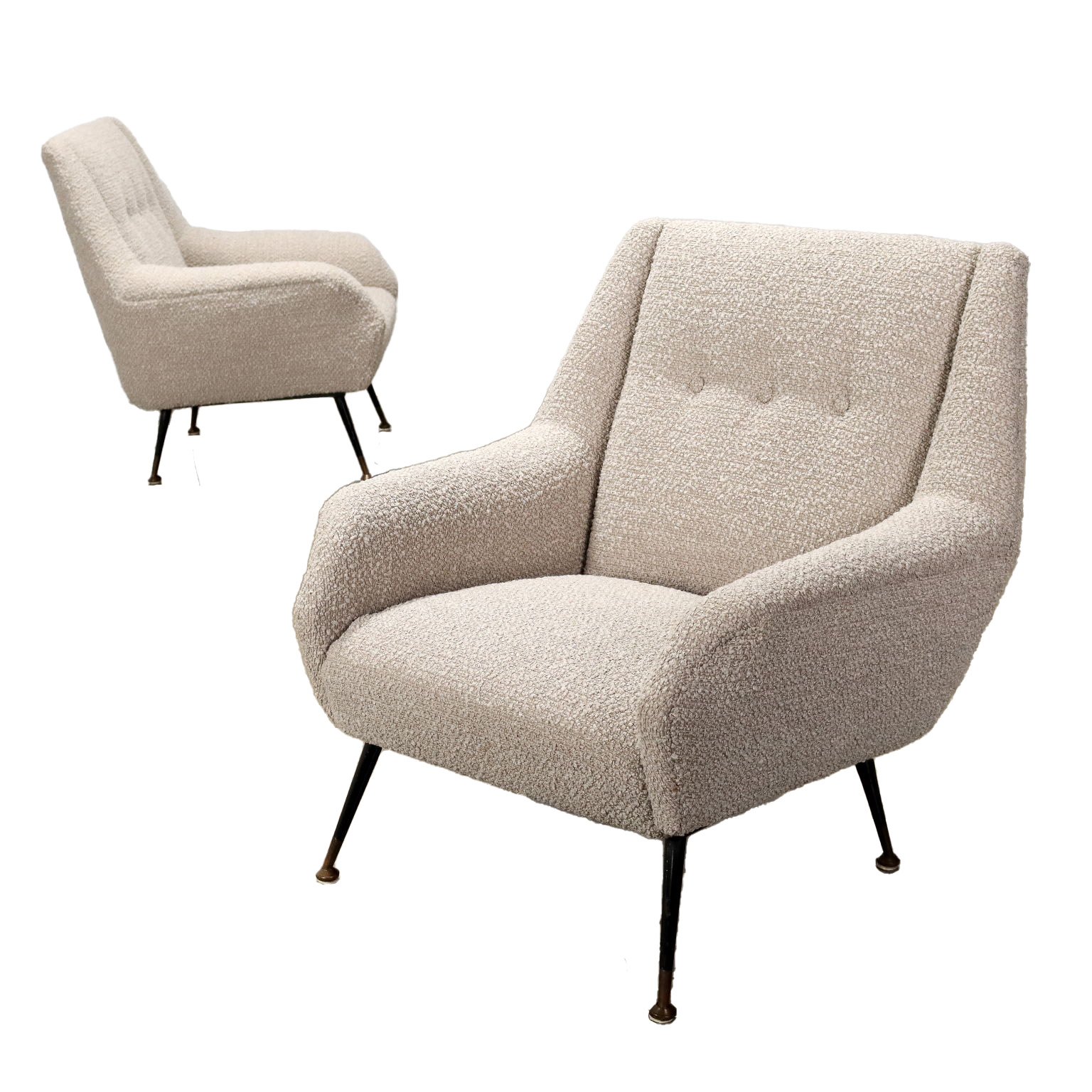 Coppia di poltrone con rivestimento in tessuto e gambe in metallo