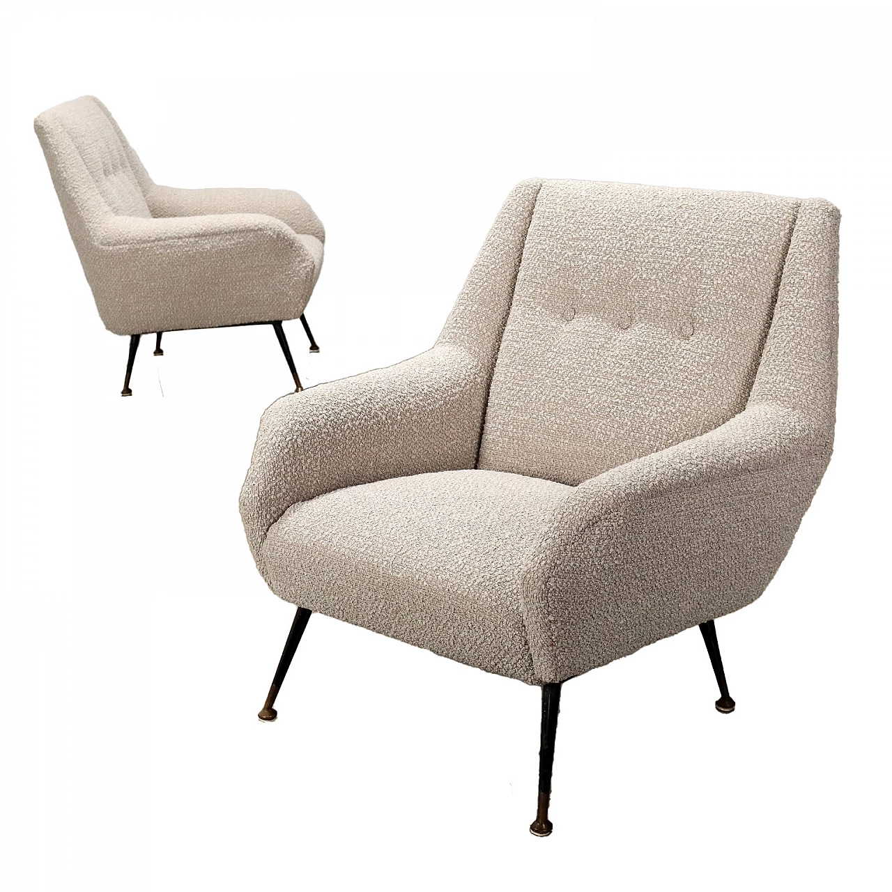 Coppia di poltrone con rivestimento in tessuto e gambe in metallo, anni '60 1