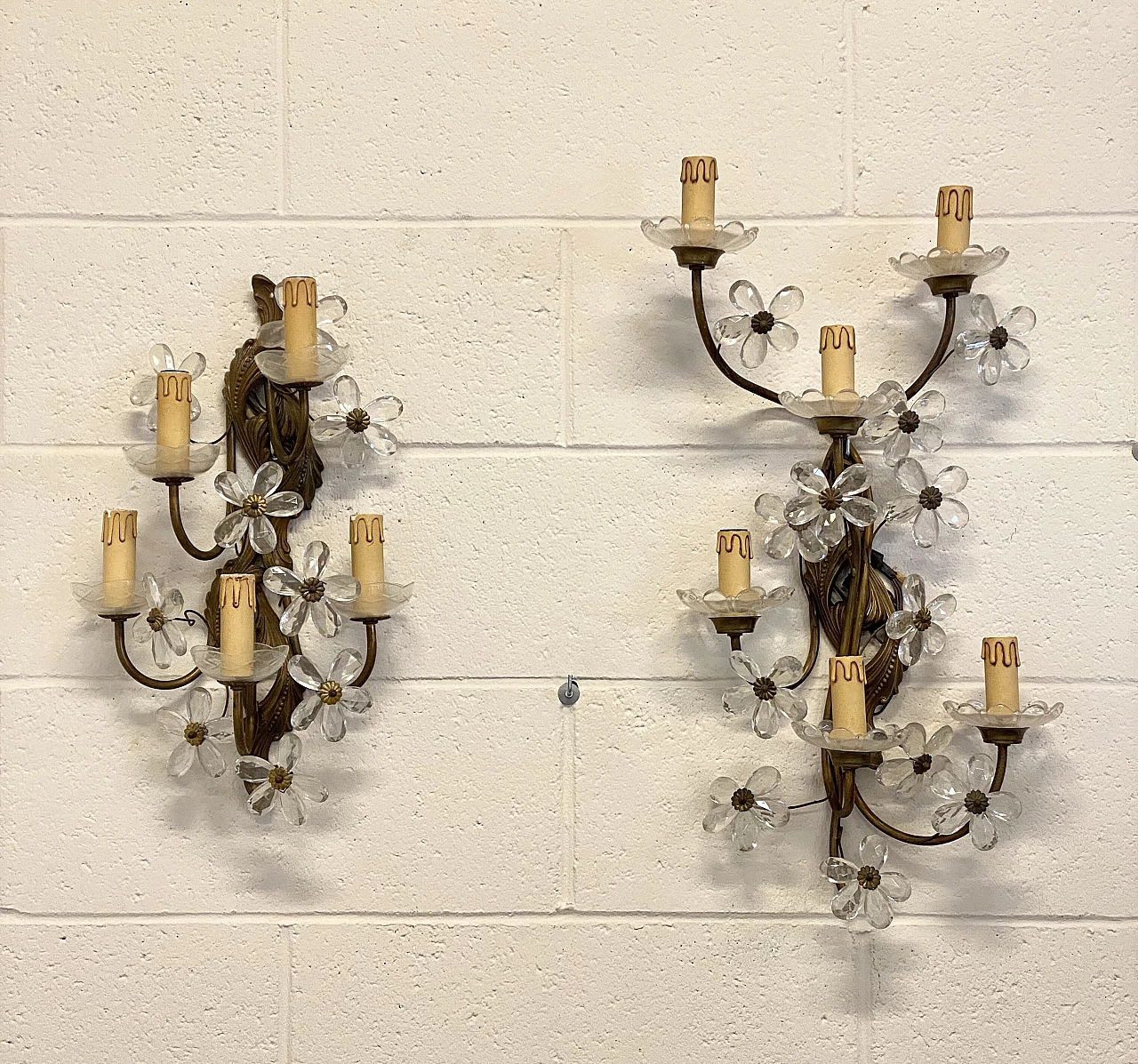 Pair of bronze and glass wall lights, 1960s 1