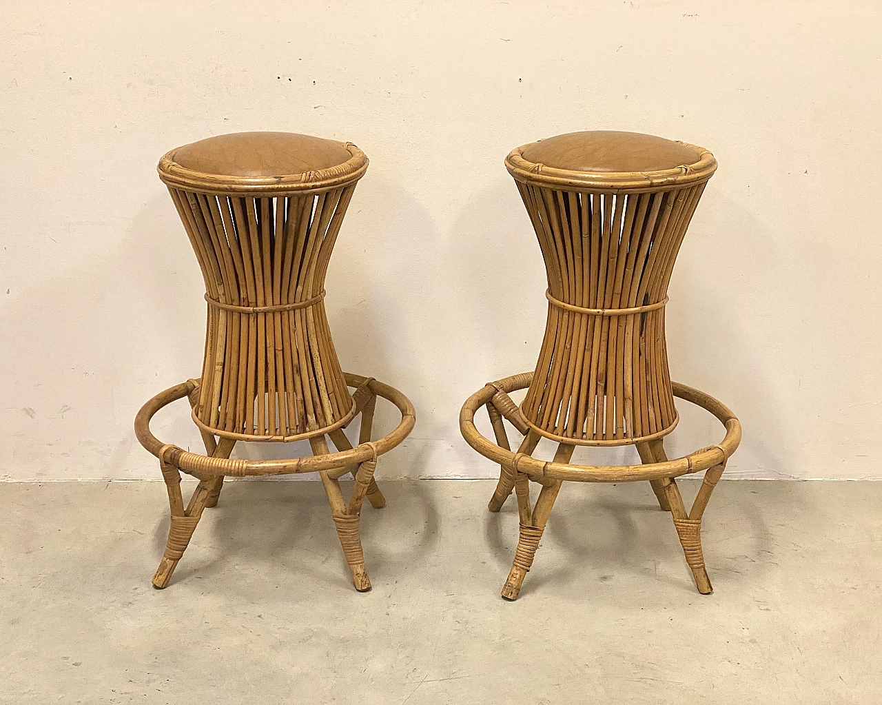 Pair of bamboo and leatherette bar stools, 1970s 1