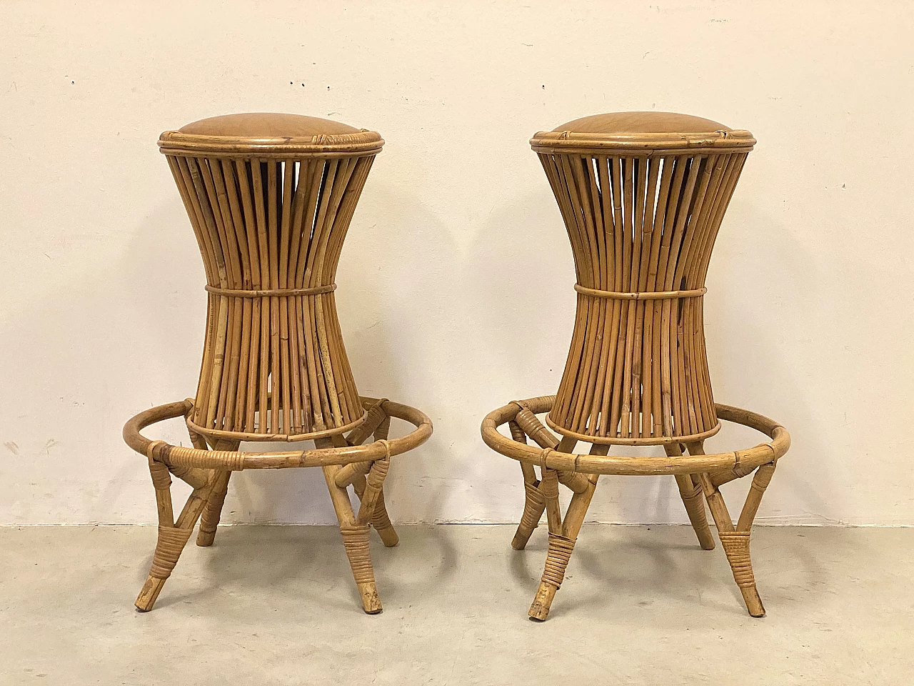 Pair of bamboo and leatherette bar stools, 1970s 2