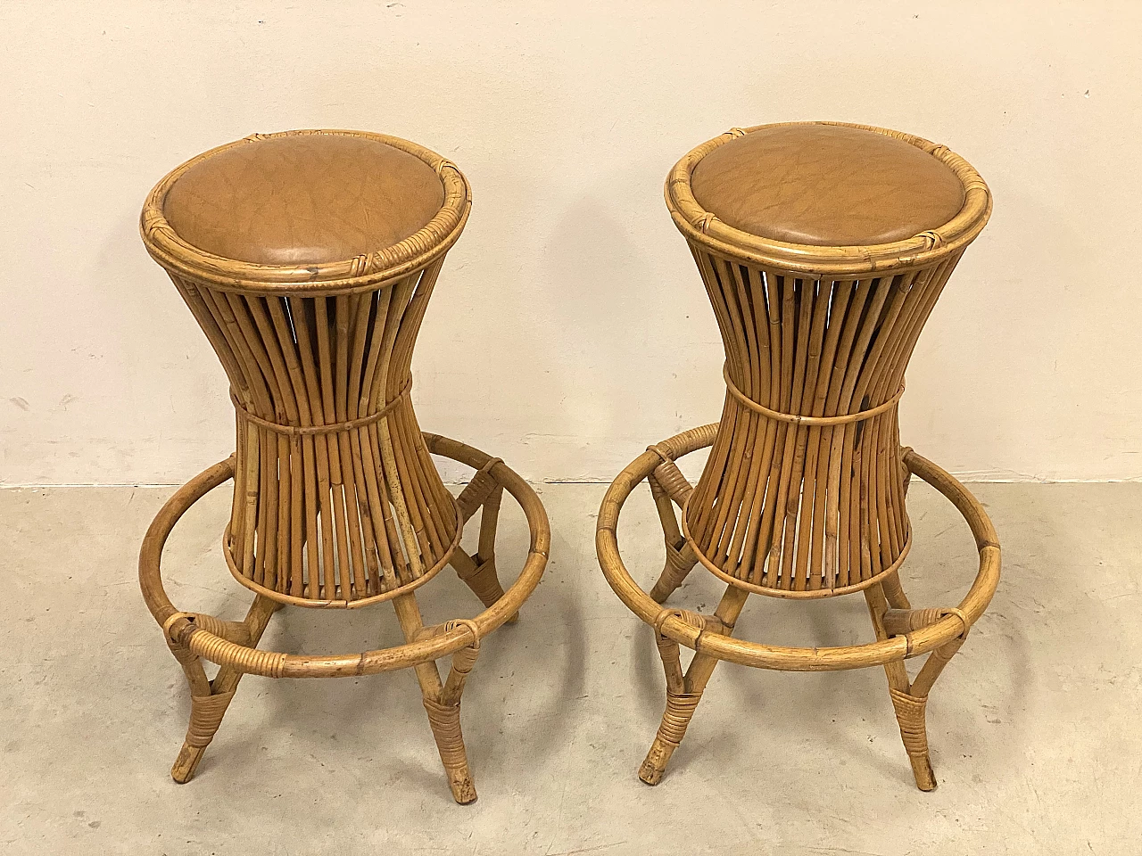 Pair of bamboo and leatherette bar stools, 1970s 3