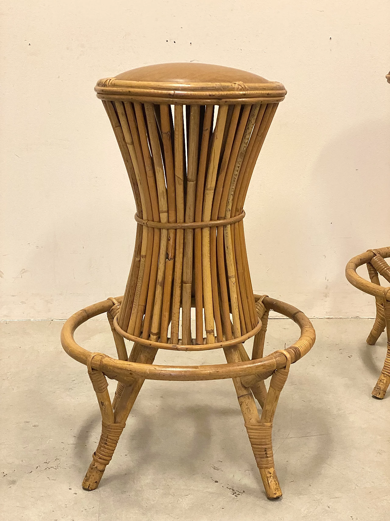 Pair of bamboo and leatherette bar stools, 1970s 4