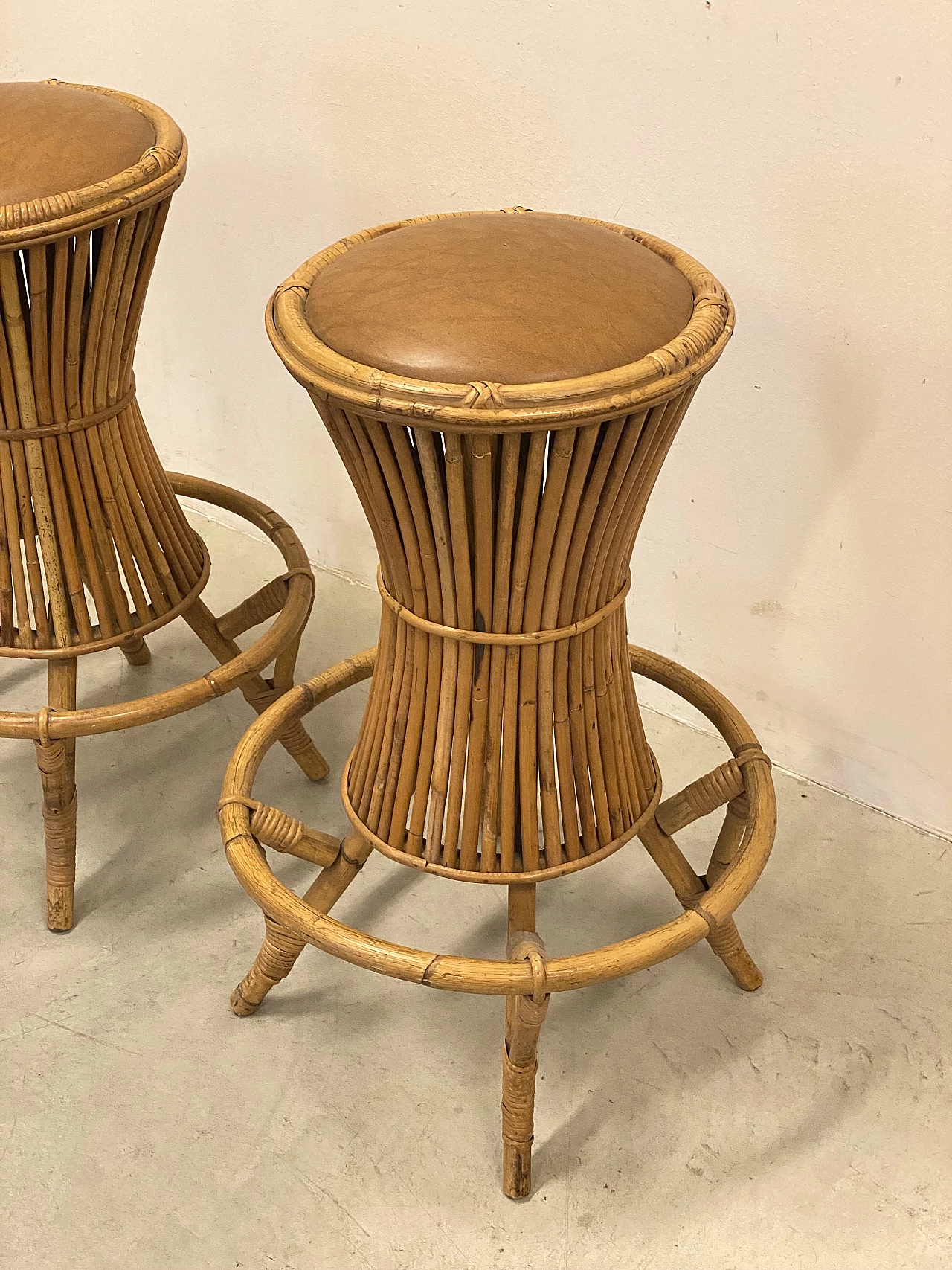 Pair of bamboo and leatherette bar stools, 1970s 5