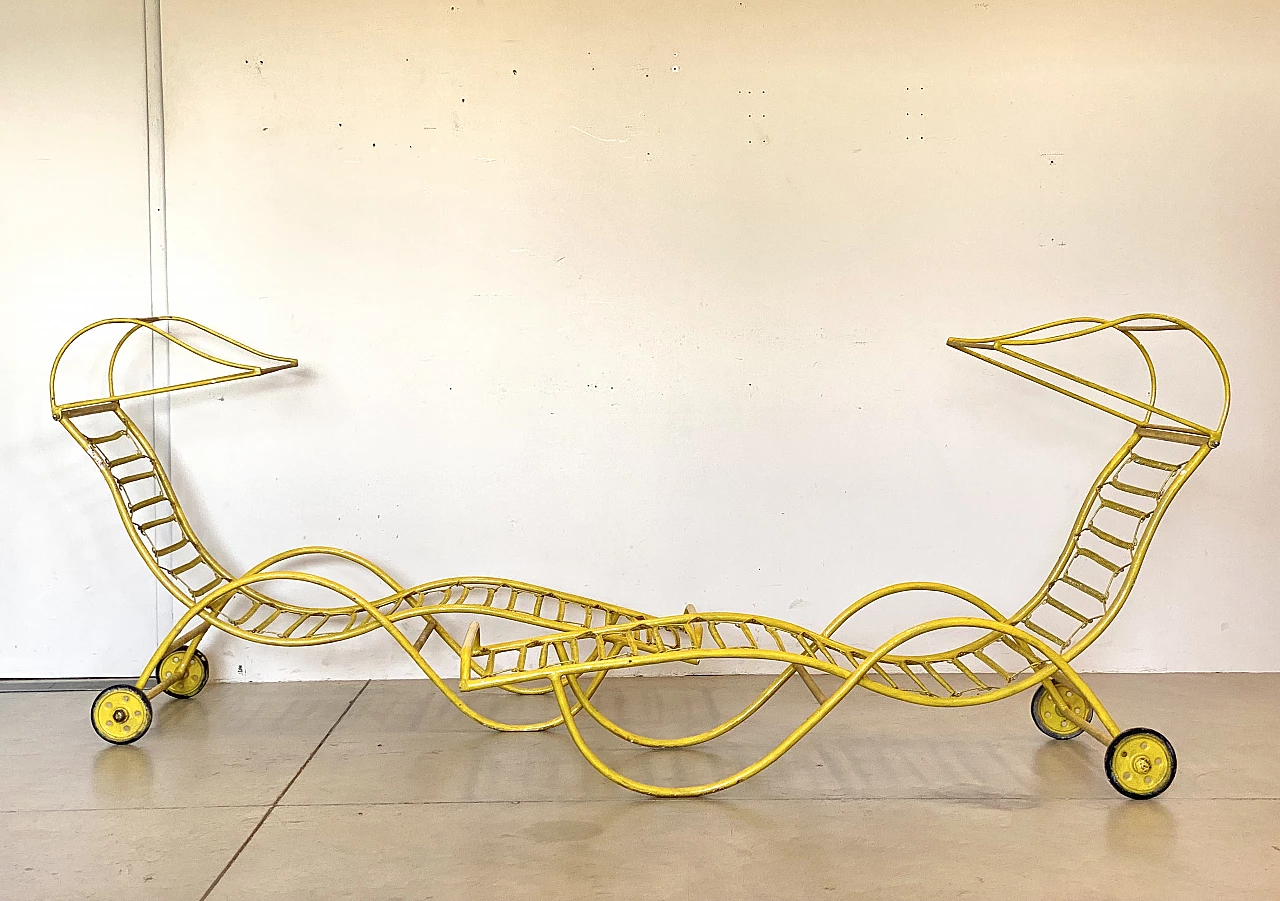 Pair of yellow painted wrought iron deck chairs, 1950s 1