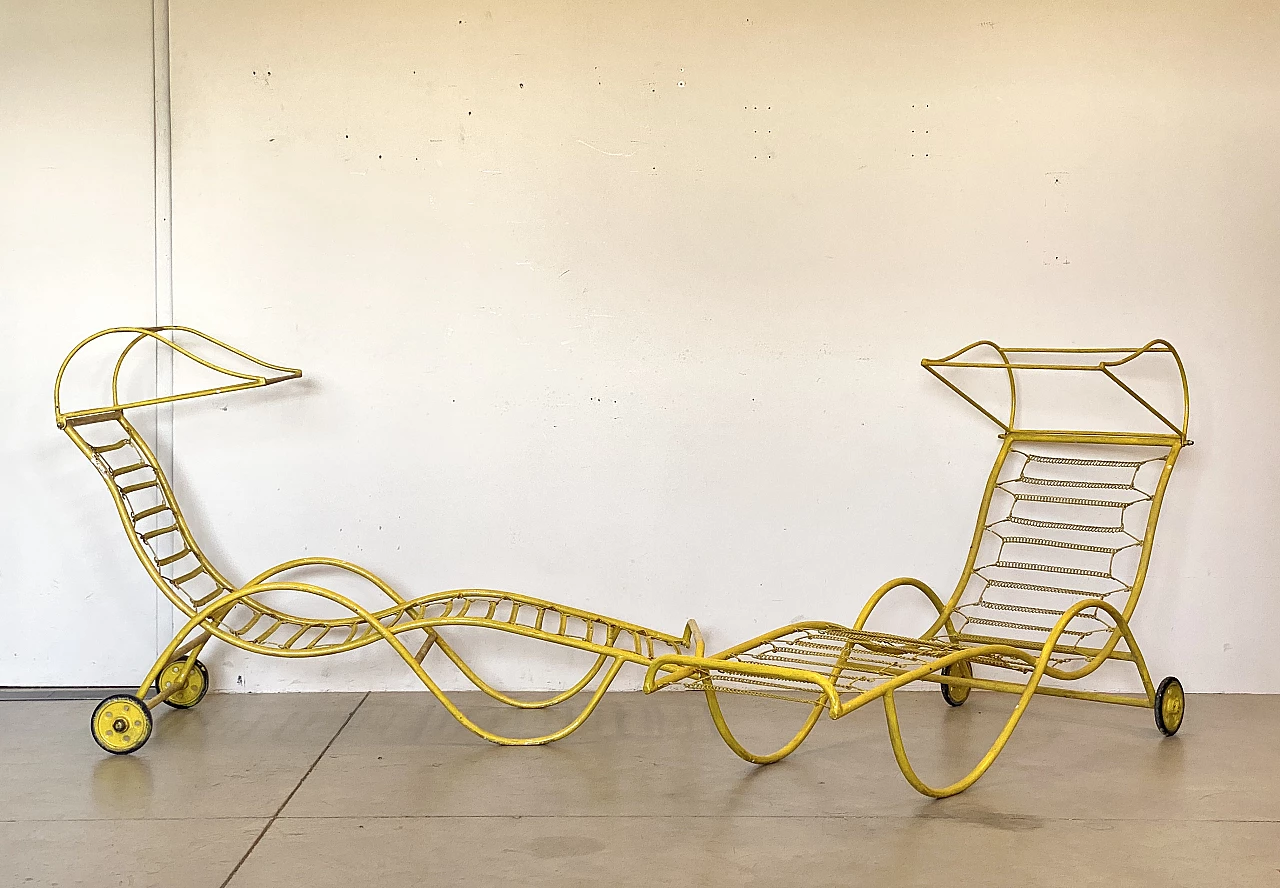Pair of yellow painted wrought iron deck chairs, 1950s 7