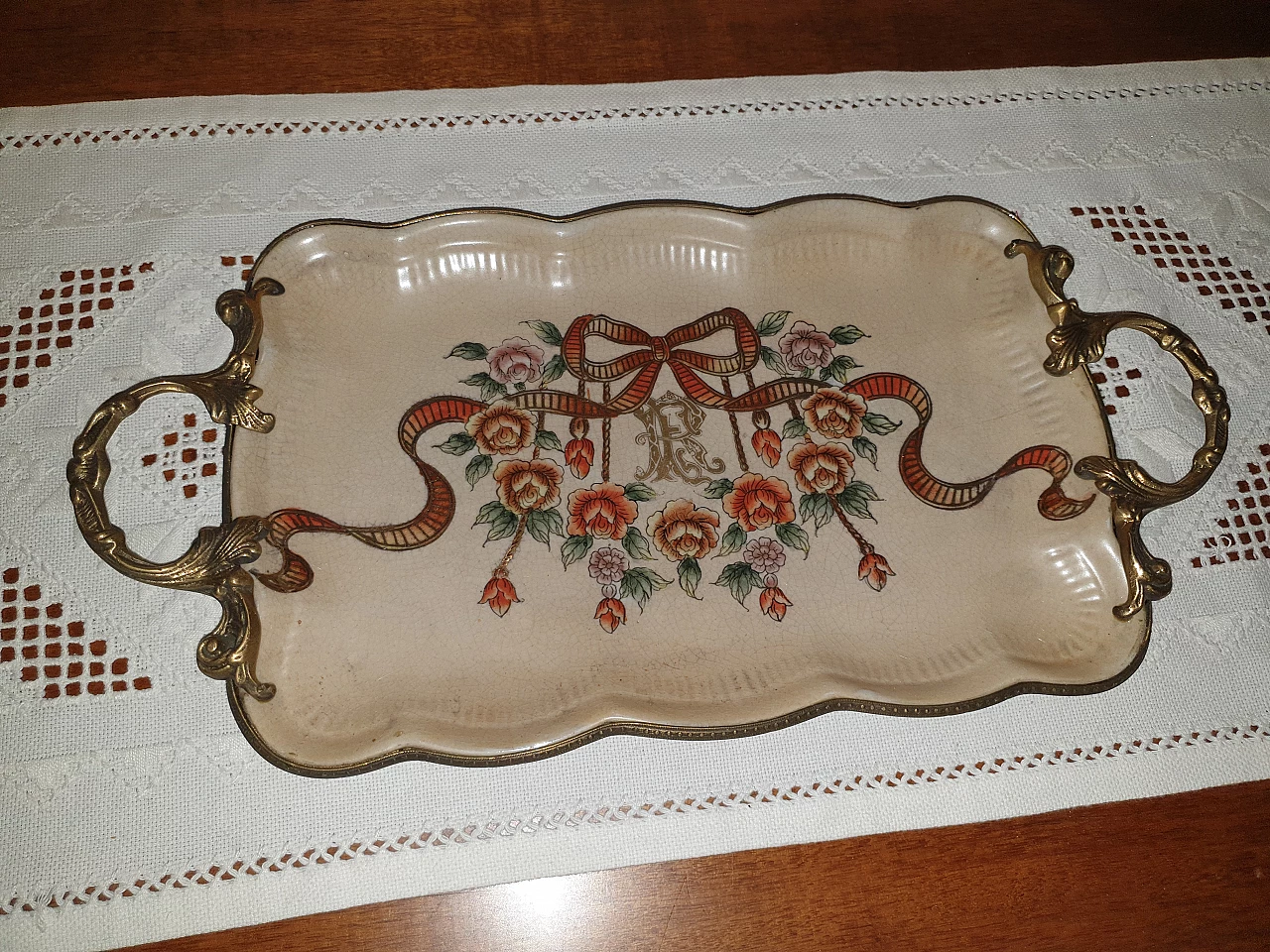 Bronze and ceramic tray by Royal Family, 1970s 1