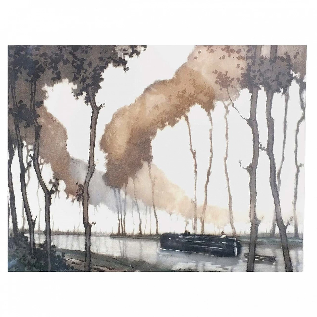 Roger Hebbelinck, Canal du Midi, etching, 1950s 1