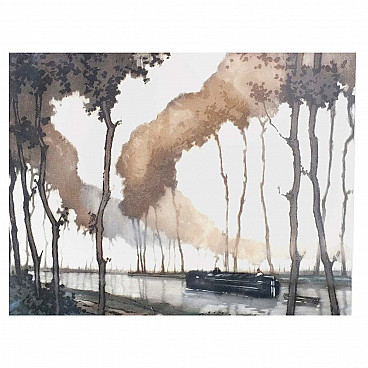 Roger Hebbelinck, Canal du Midi, etching, 1950s