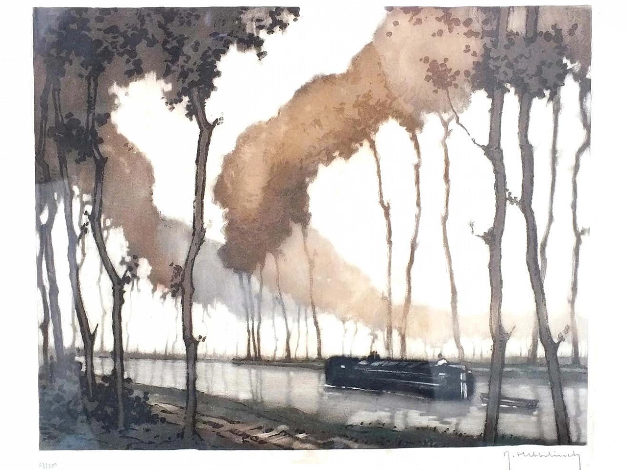 Roger Hebbelinck, Canal du Midi, etching, 1950s 3