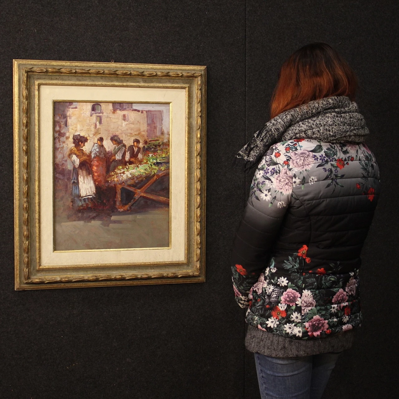 Dipinto italiano di scena popolare con personaggi, olio su tavoletta, anni '70 3