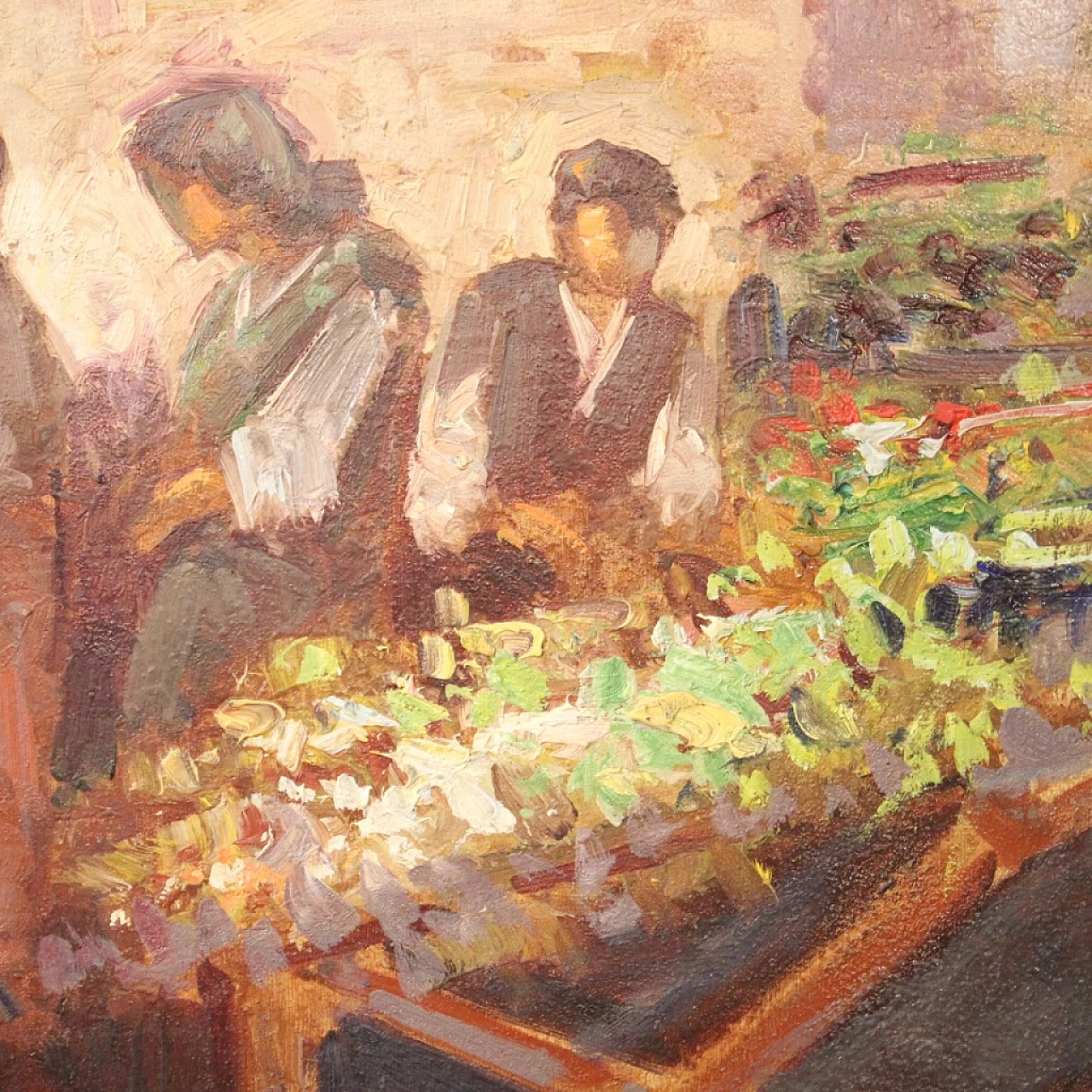 Dipinto italiano di scena popolare con personaggi, olio su tavoletta, anni '70 4