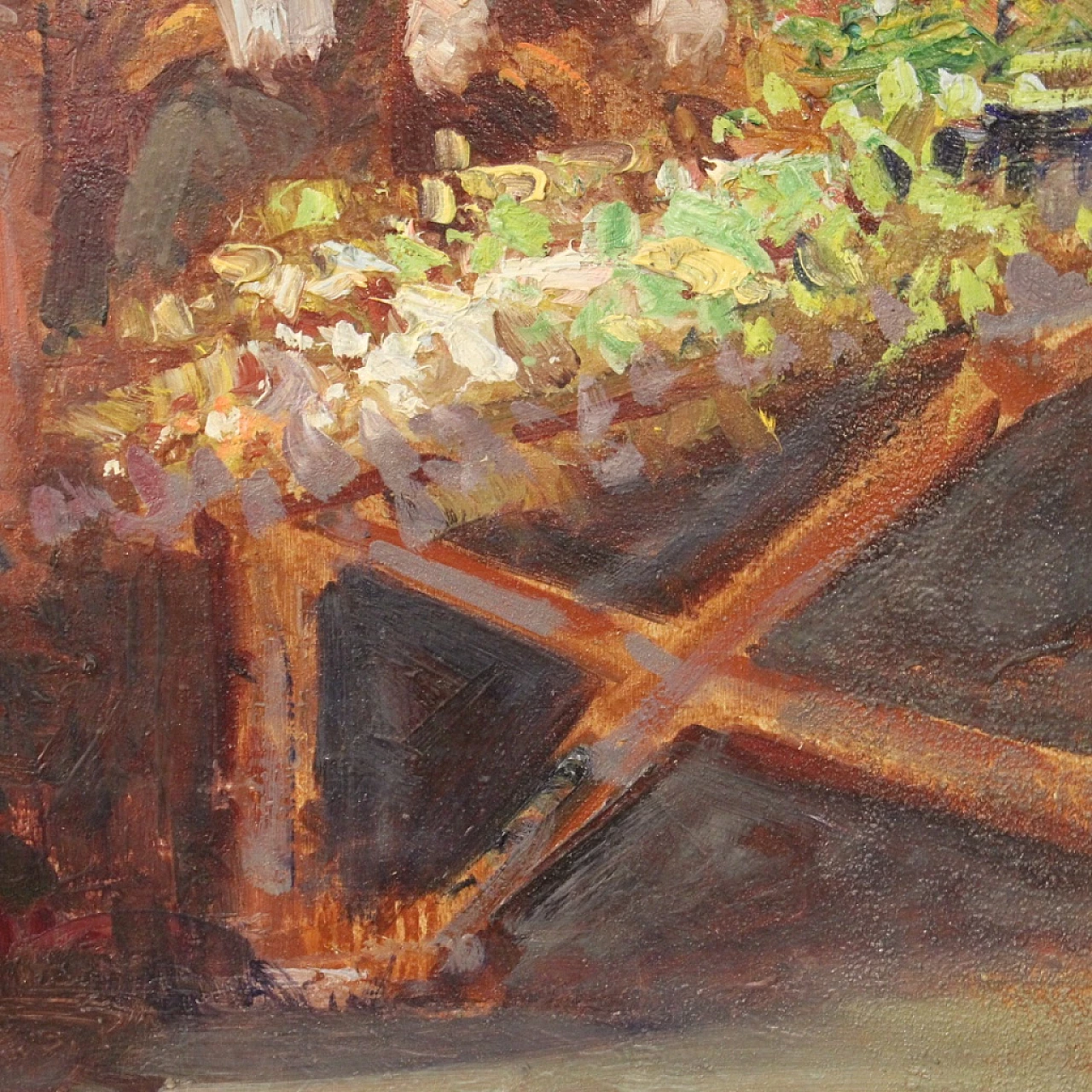 Dipinto italiano di scena popolare con personaggi, olio su tavoletta, anni '70 8