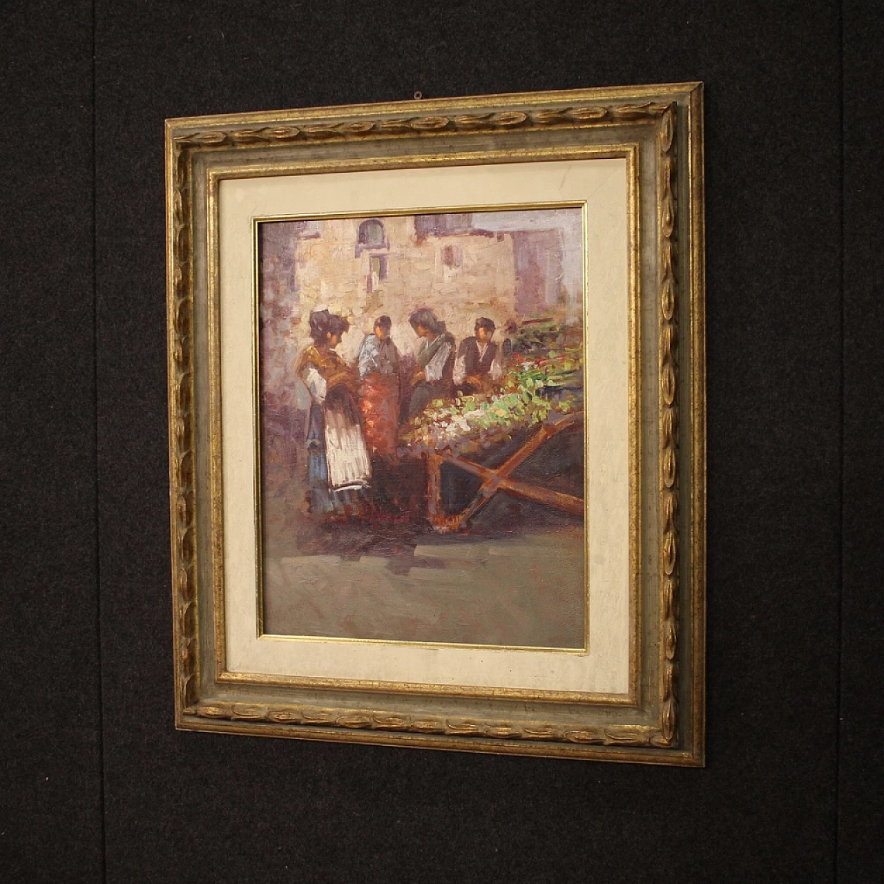 Dipinto italiano di scena popolare con personaggi, olio su tavoletta, anni '70 10