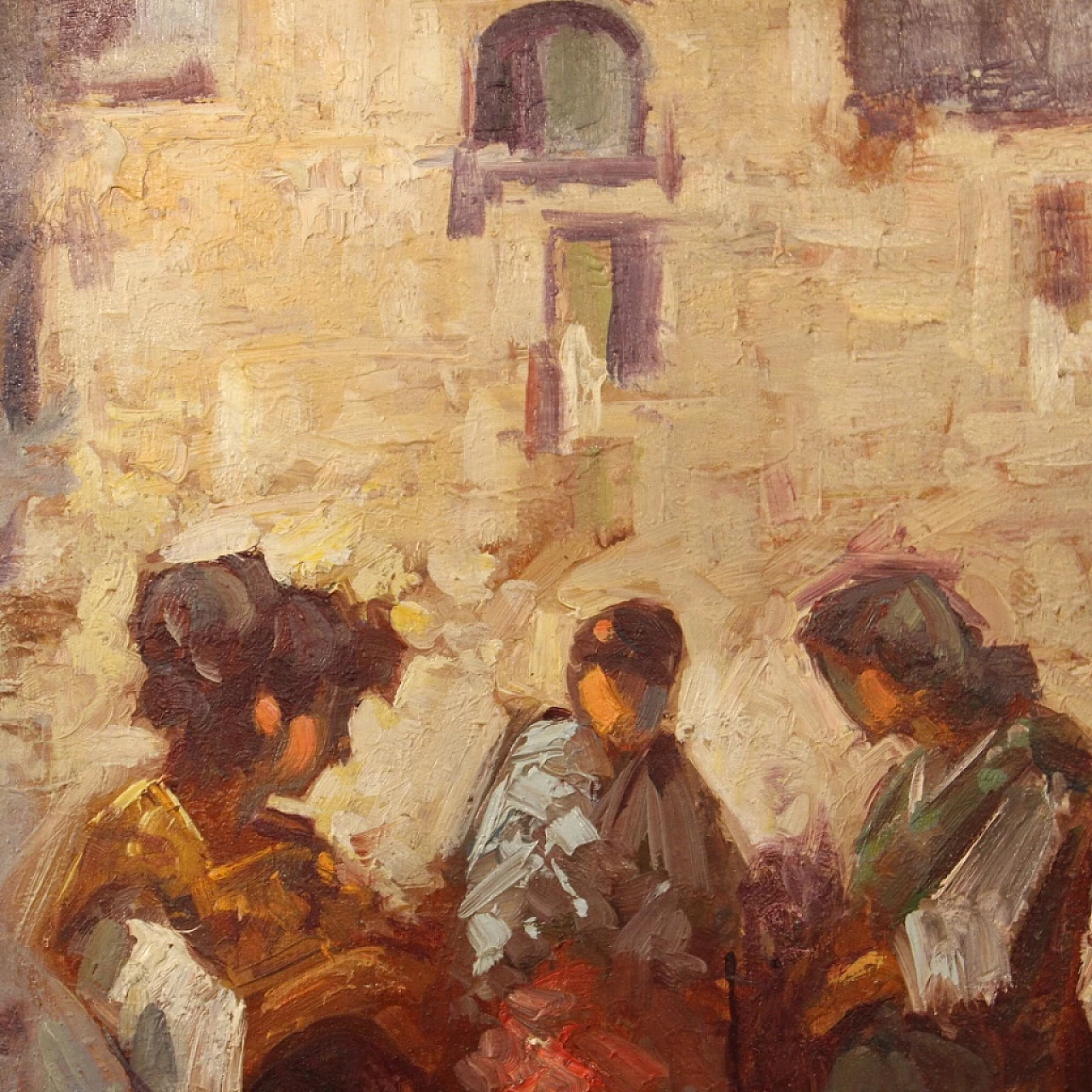 Dipinto italiano di scena popolare con personaggi, olio su tavoletta, anni '70 12