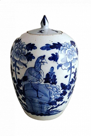 Barattolo per zenzero in porcellana cinese a decorazioni blu cobalto con coperchio, fine '800