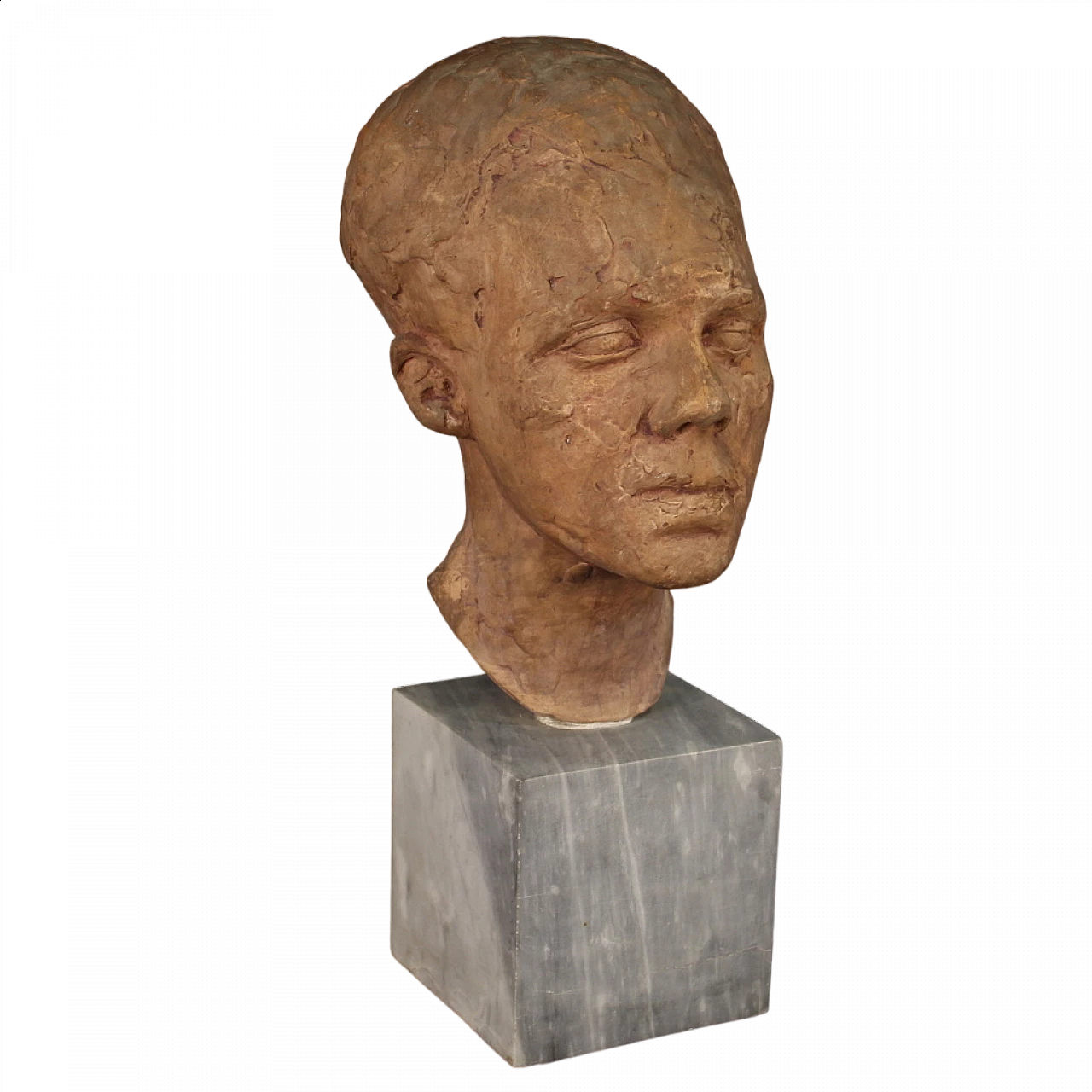 Scultura in terracotta di volto di uomo con base in marmo, anni '60 13