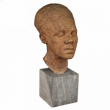 Terracotta sculpture of a man's face with marble base, 1960s
