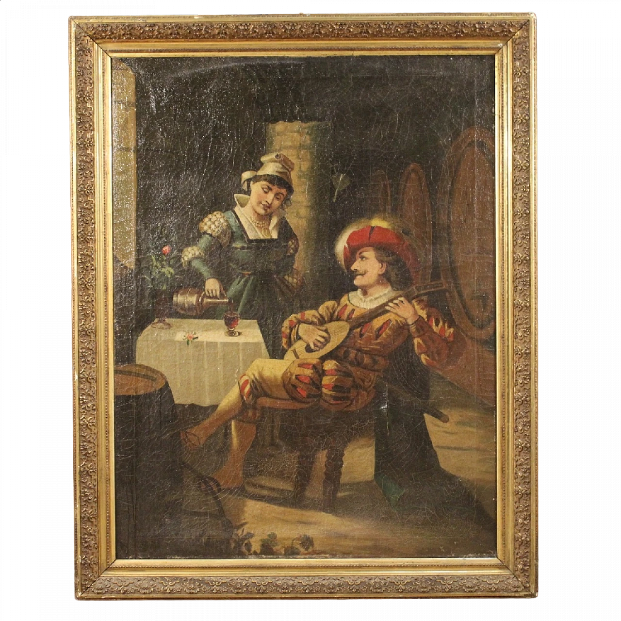 Dipinto raffigurante scena d'interno con musicista, olio su tela, anni '20 16