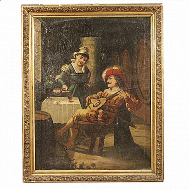 Painting depicting interior scene with musician, oil on canvas, 1920s