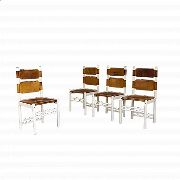 4 Wood and leather chairs made by Ibisco, 1970s