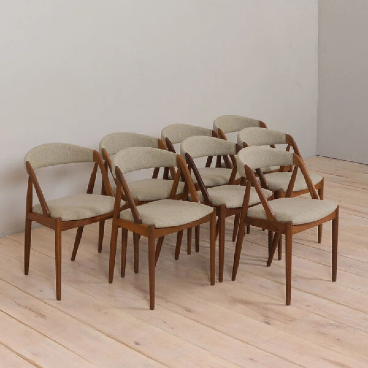 8 Teak dining chairs upholstered in wool by Kai Kristiansen, 1960s 2