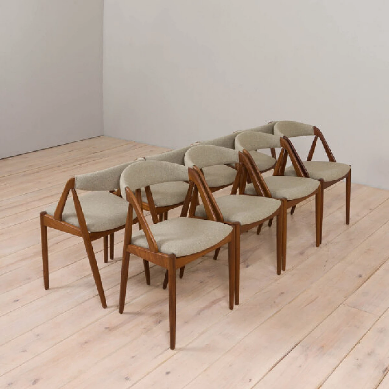 8 Teak dining chairs upholstered in wool by Kai Kristiansen, 1960s 3