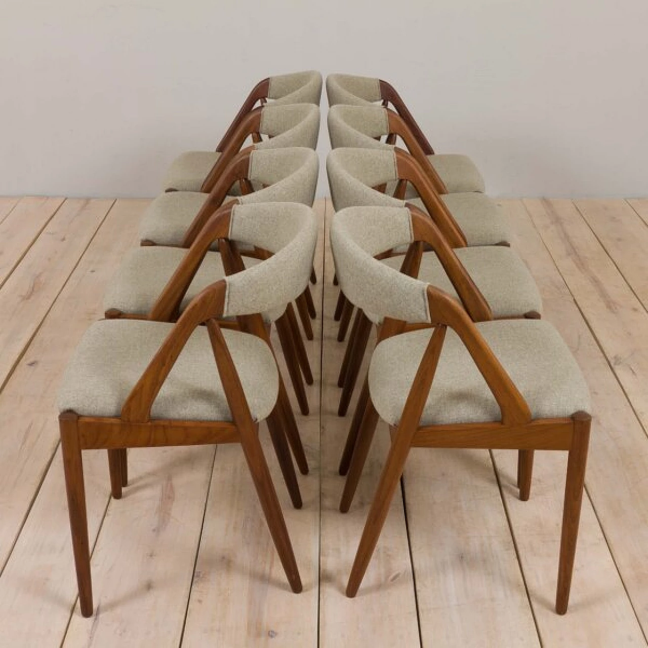 8 Teak dining chairs upholstered in wool by Kai Kristiansen, 1960s 4