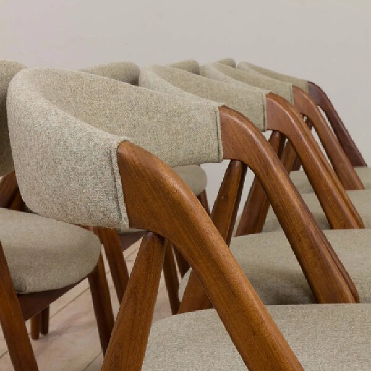 8 Teak dining chairs upholstered in wool by Kai Kristiansen, 1960s 5